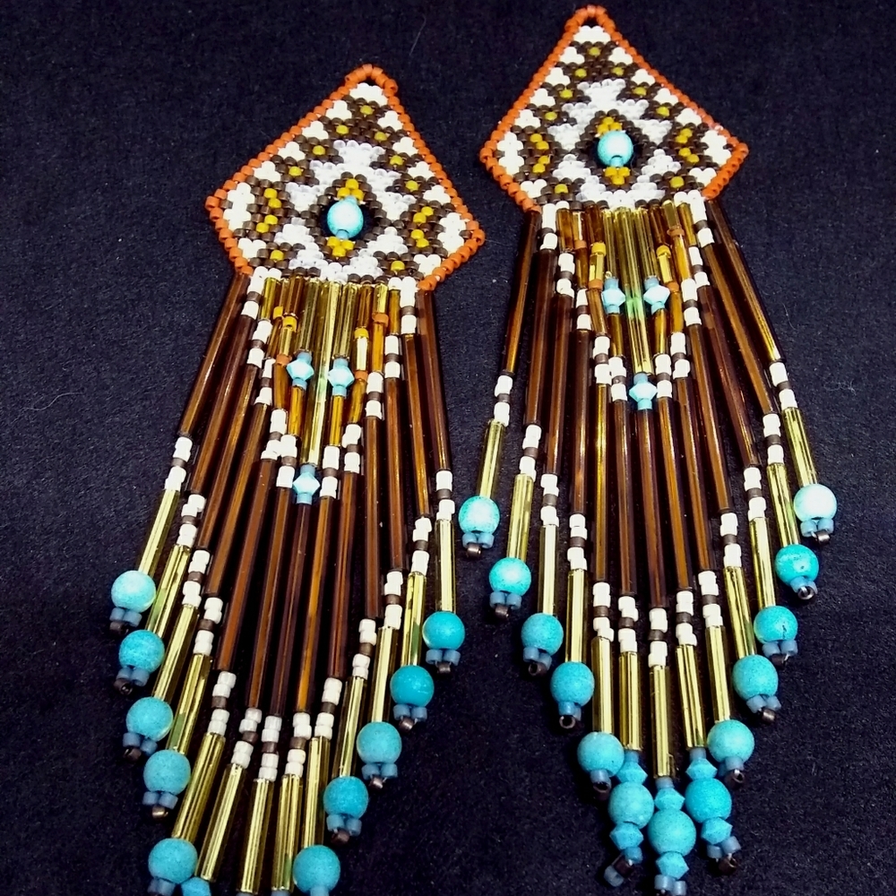 ⭐HP⭐ Beaded Handmade Brown Turquoise Long Earrings